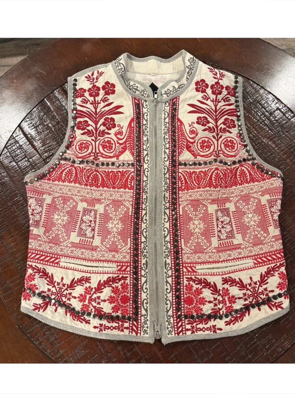 3677 VINTAGE Biya Johnny Was Embroidered Studded Zip Vest Boho Size L Large